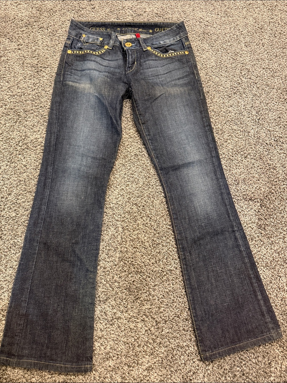 Guess “daredevil bootcut stretch” Blue Wash Jeans with Gold Stud Accents